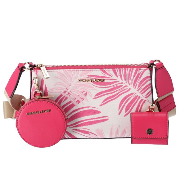 Michael Kors Jet Set Crossbody Tech Accessories Attached Pink Multi Palm Leaves - Picture 3 of 6